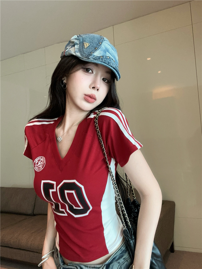 Women's Color Block Sports Jersey Print Short Sleeve Tee - Image 3