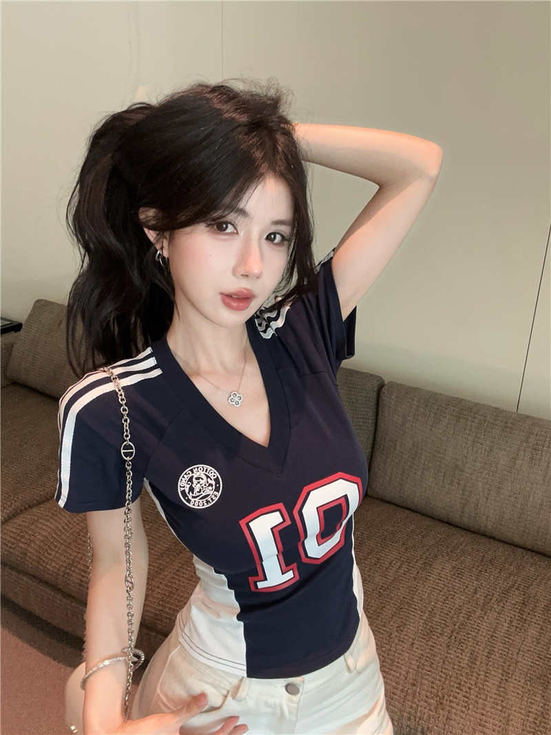 Women's Color Block Sports Jersey Print Short Sleeve Tee