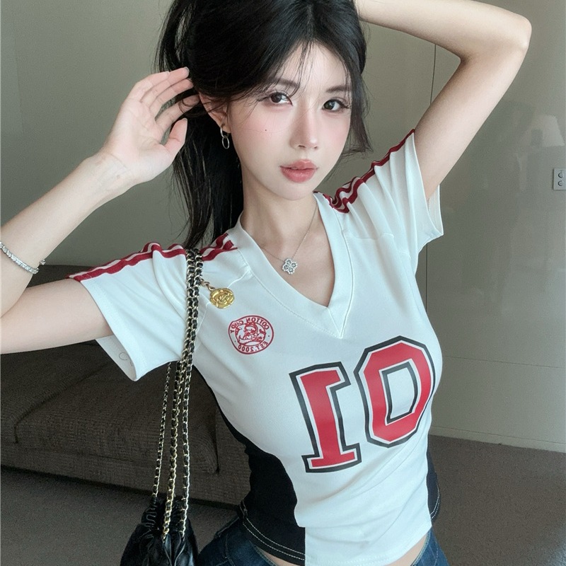 Women's Color Block Sports Jersey Print Short Sleeve Tee - Image 5