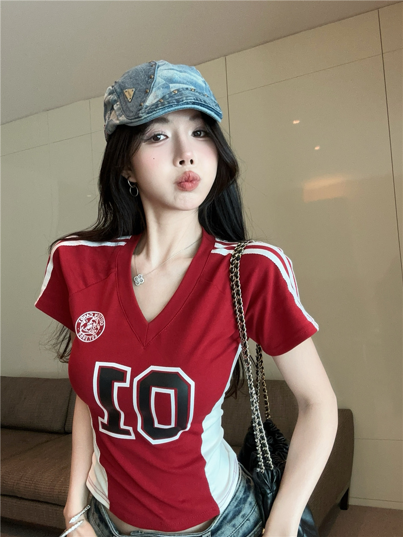 American Retro Print Two-Tone Sports Jersey Slim Cropped T-Shirt for Women
