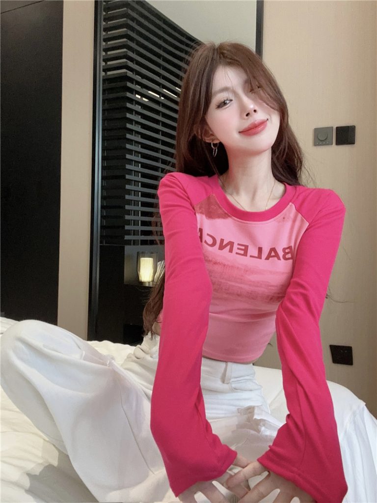2025 Spring Tie-Dye Letter Print Patchwork Long Sleeve Slim Fit American Style Top