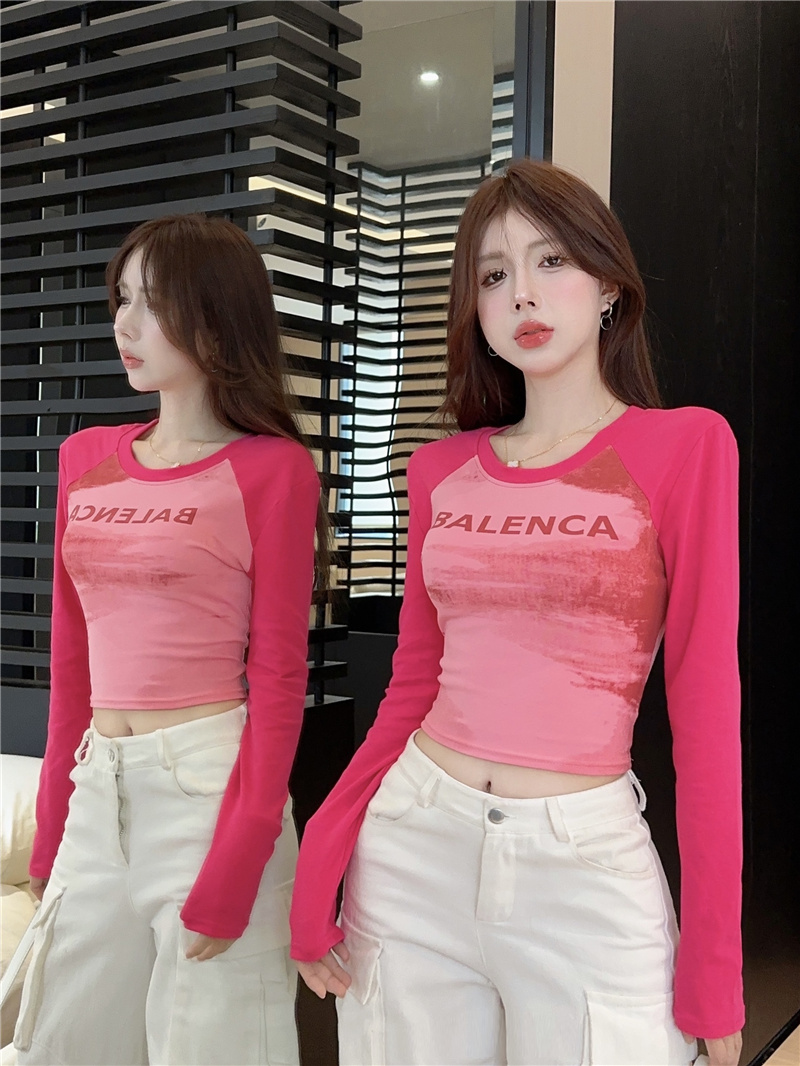 2025 Spring Tie-Dye Letter Print Patchwork Long Sleeve Slim Fit American Style Top - Image 2