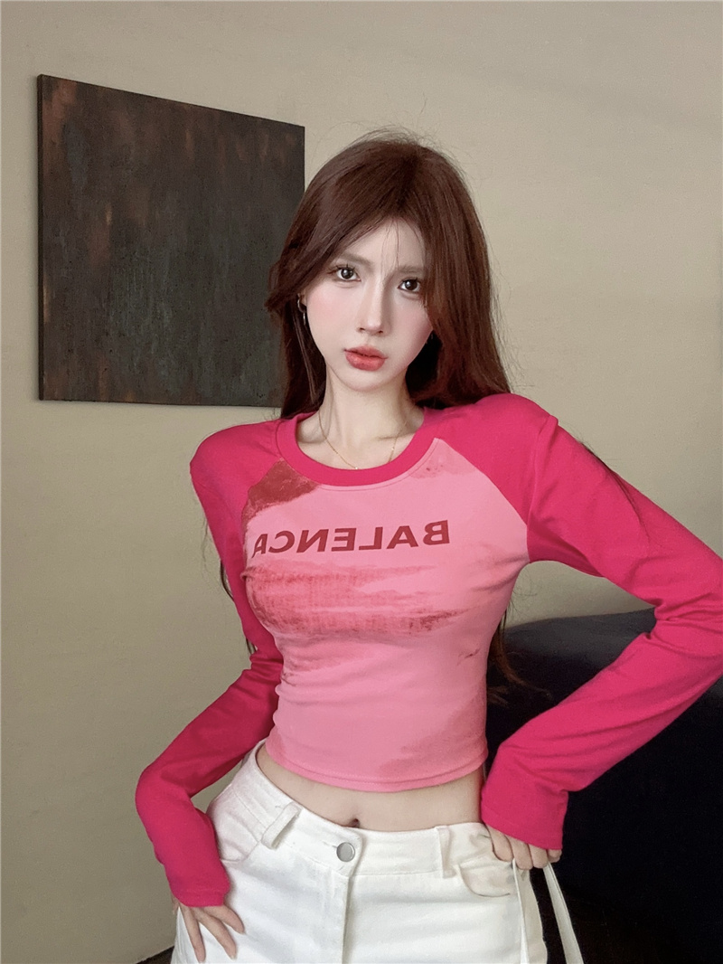 2025 Spring Tie-Dye Letter Print Patchwork Long Sleeve Slim Fit American Style Top - Image 3