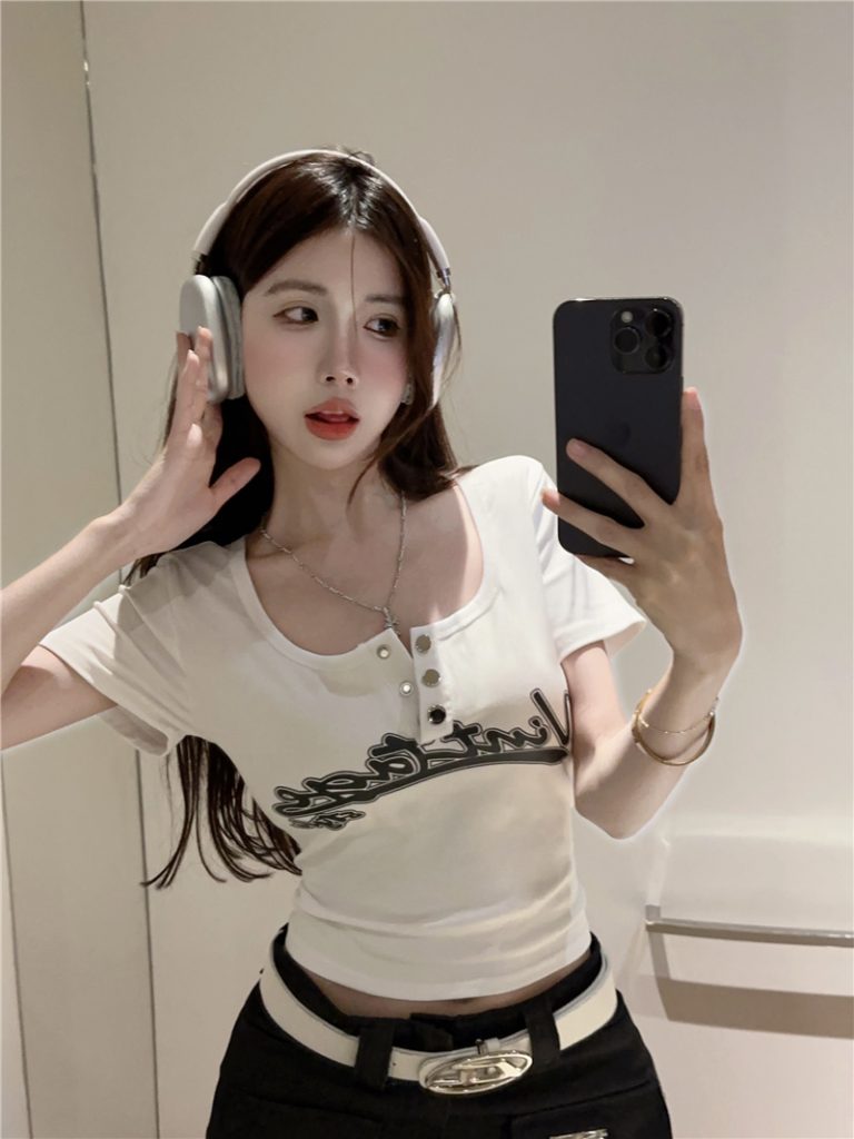 2025 Summer New Women's American Casual Letter Print Tight Short Sleeve T-Shirt