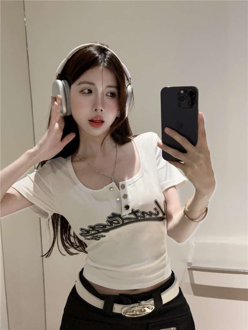 2025 Summer New Women's American Casual Letter Print Tight Short Sleeve T-Shirt