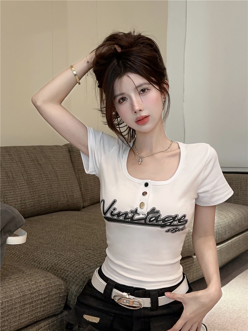 2025 Summer New Women's American Casual Letter Print Tight Short Sleeve T-Shirt - Image 2