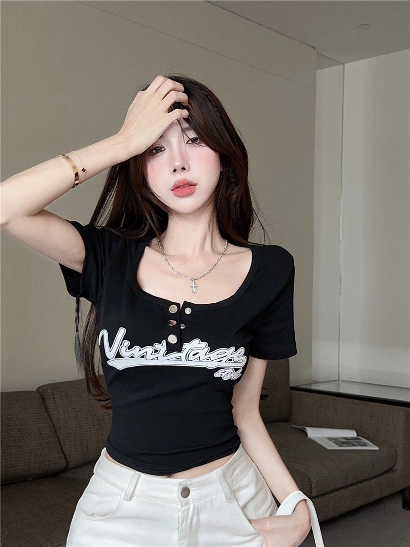 2025 Summer New Women's American Casual Letter Print Tight Short Sleeve T-Shirt - Image 3