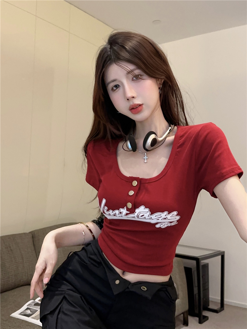 2025 Summer New Women's American Casual Letter Print Tight Short Sleeve T-Shirt - Image 4