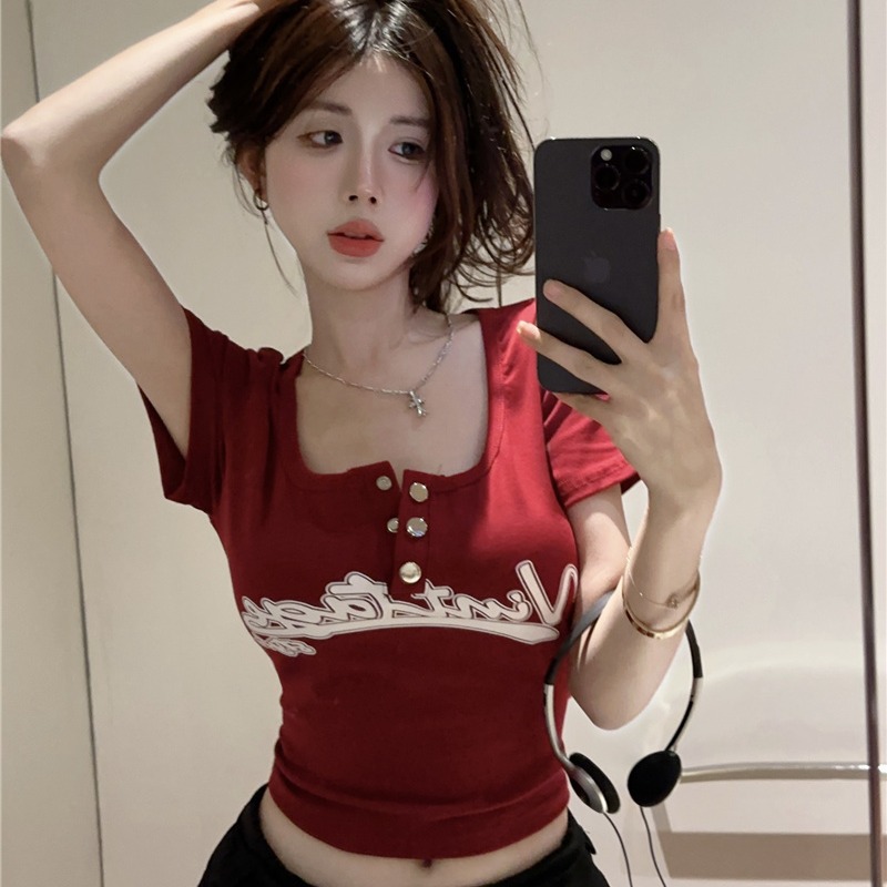 2025 Summer New Women's American Casual Letter Print Tight Short Sleeve T-Shirt - Image 5