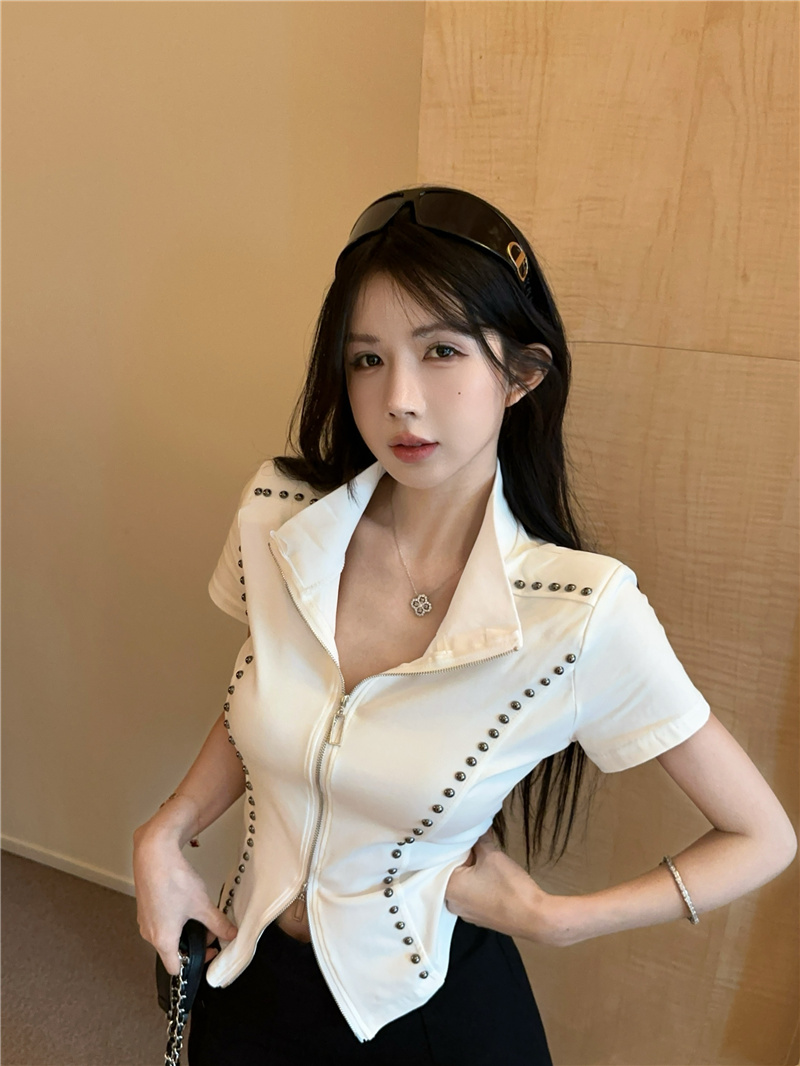 2025 Studded Line Stand Collar Short Sleeve Zip Cardigan Top - Image 2