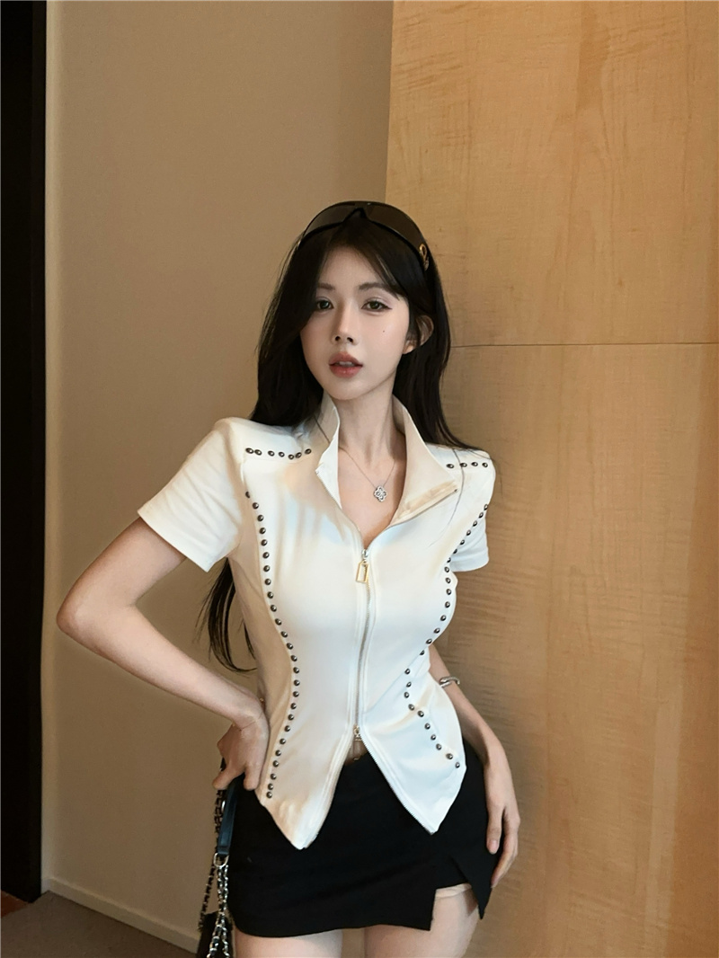 2025 Studded Line Stand Collar Short Sleeve Zip Cardigan Top - Image 3