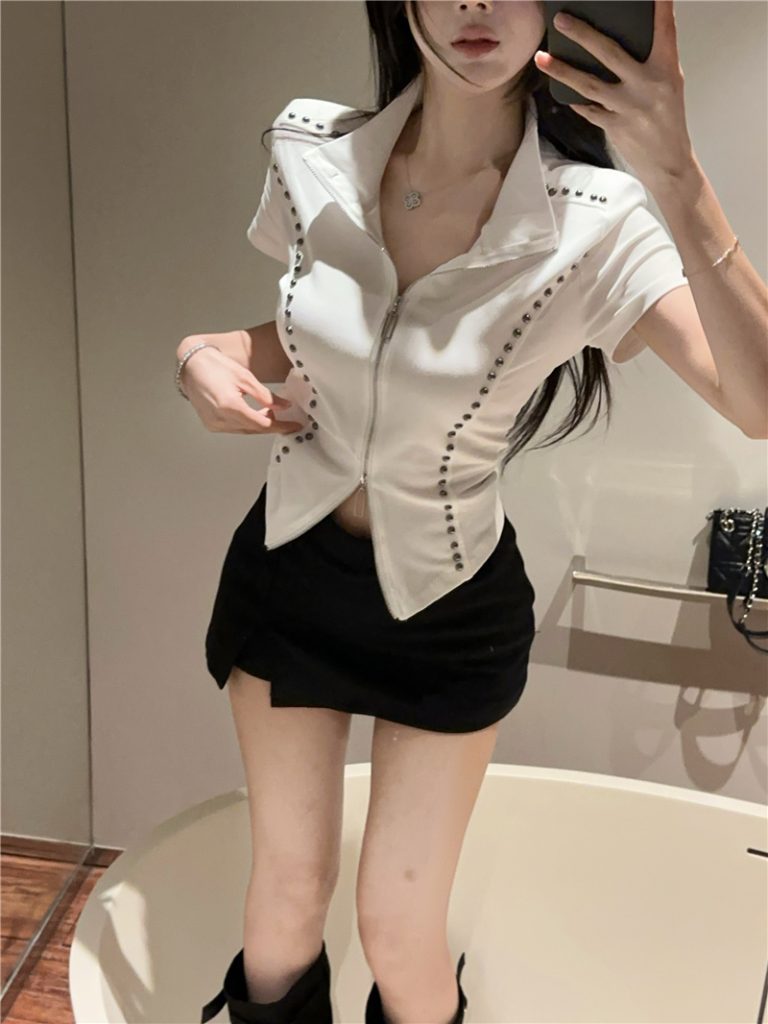 2025 Studded Line Stand Collar Short Sleeve Zip Cardigan Top