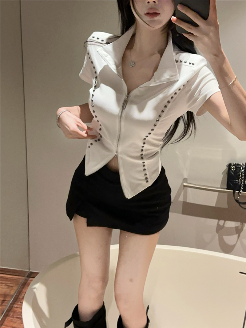 2025 Studded Line Stand Collar Short Sleeve Zip Cardigan Top