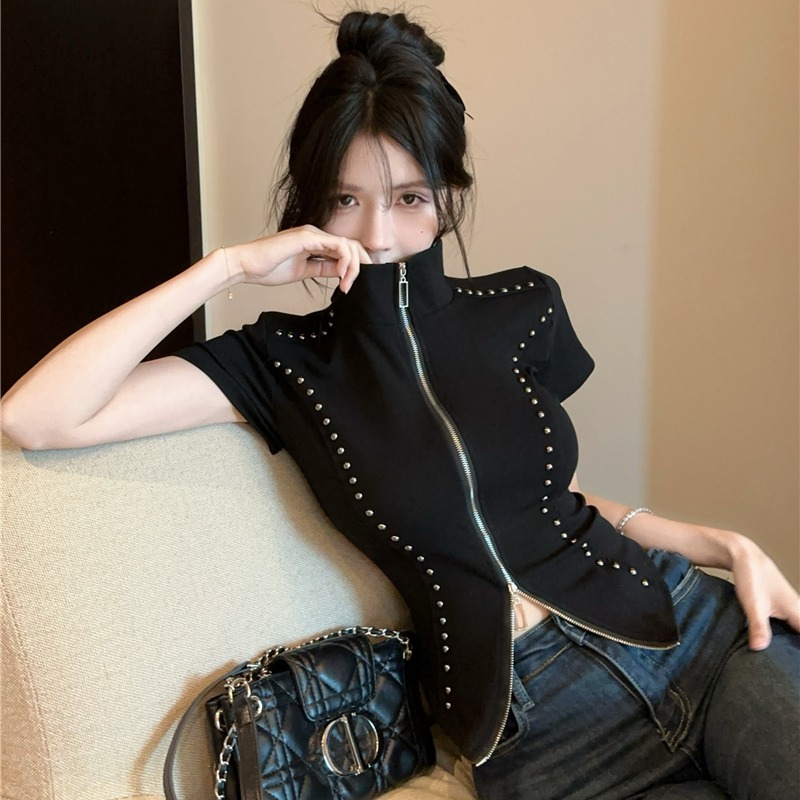 2025 Studded Line Stand Collar Short Sleeve Zip Cardigan Top - Image 5