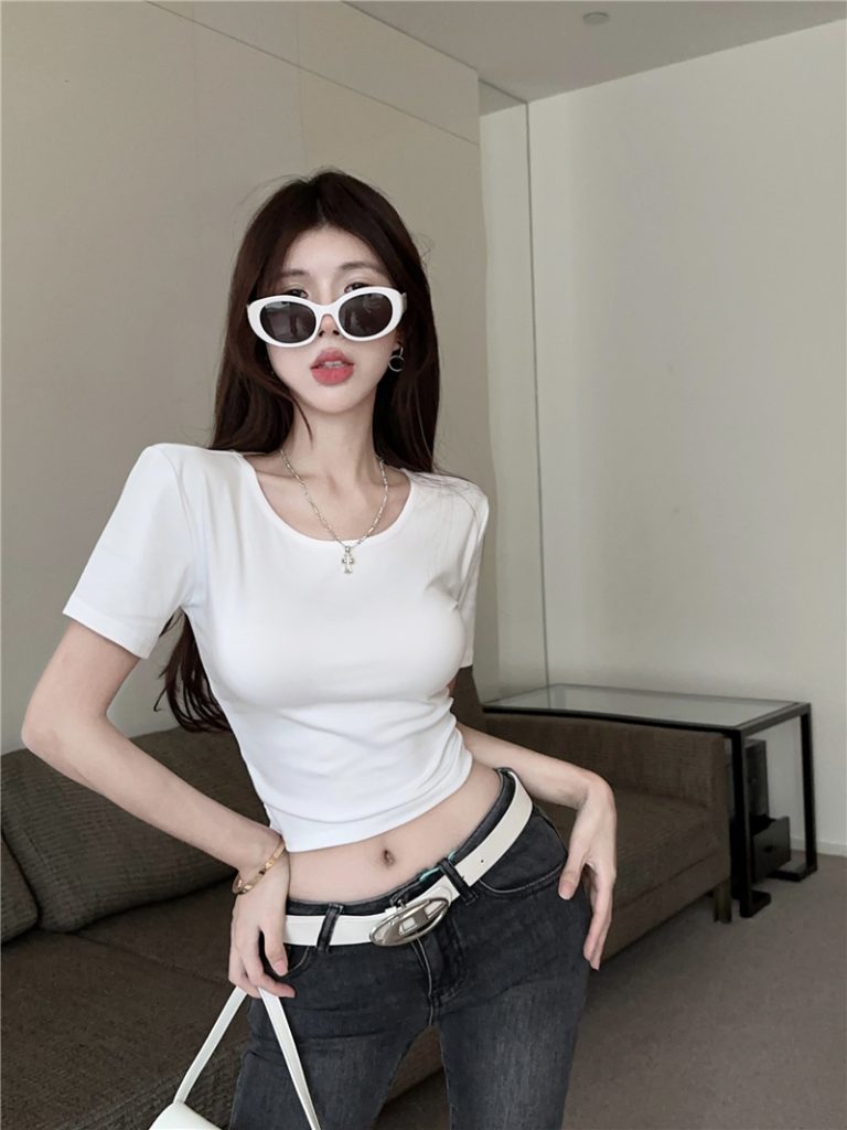 Women's U-Neck Short Sleeve Slim Fit Cropped T-Shirt 2025 Summer New