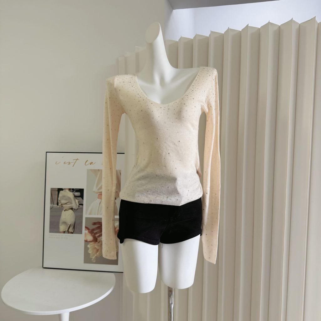 Rhinestone V-Neck Knit Sweater for Women Fall Base Layer Top