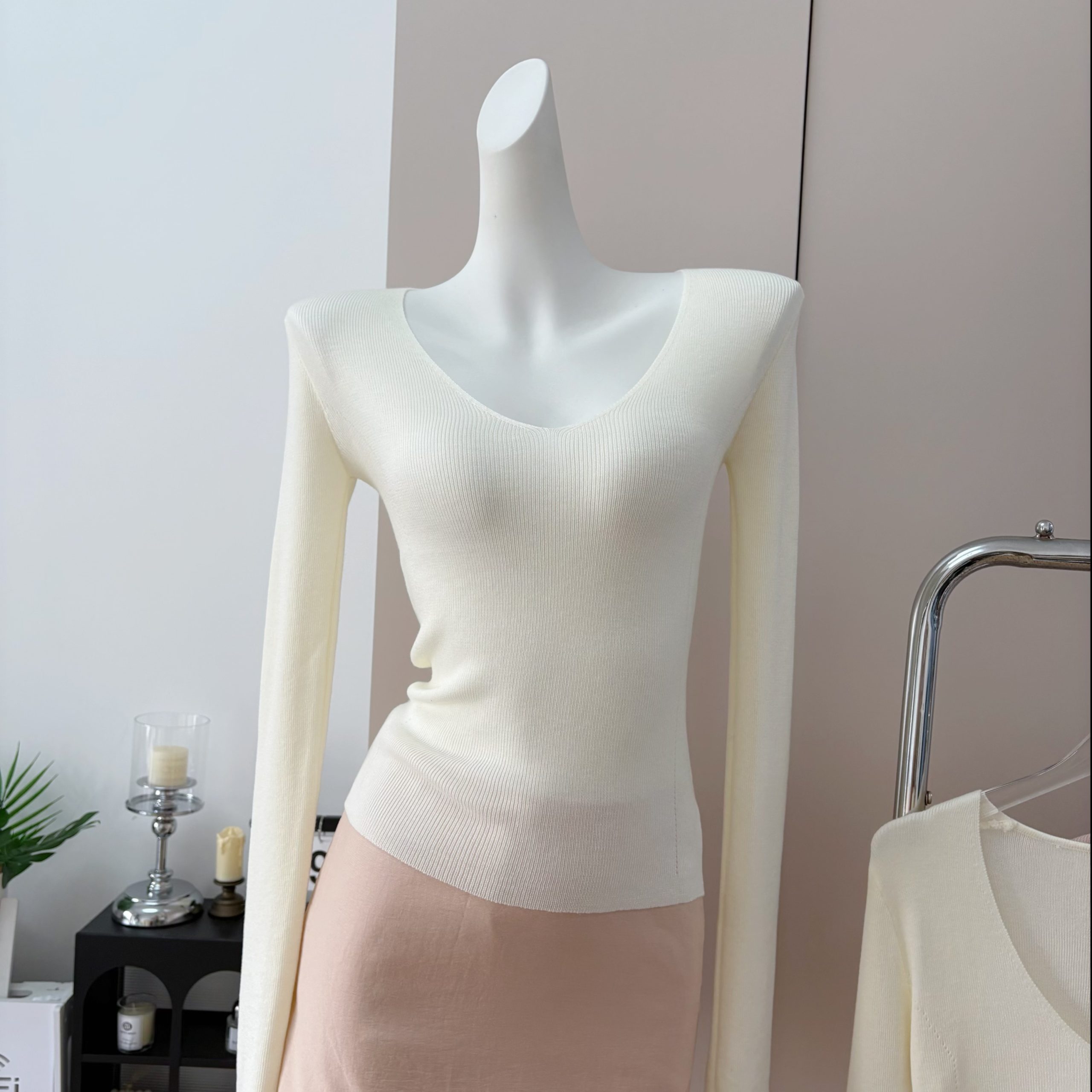JMSHOP V-Neck Slim Fit Knit Top Women Fall Winter Solid Long Sleeve Base Layer - Image 3