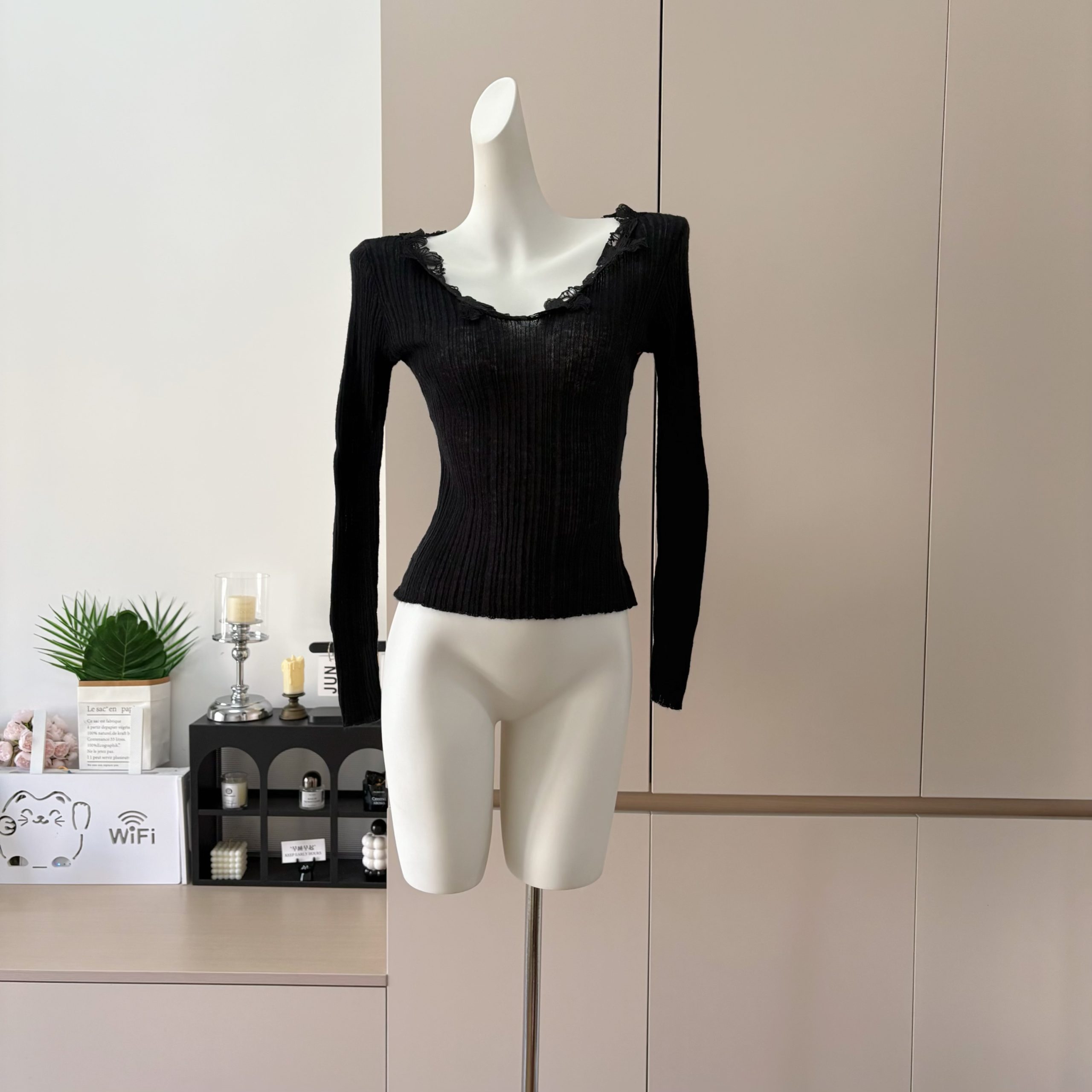 JAYKY YANG Mohair Lace V-Neck Knit Sweater for Women with Ribbed Waist