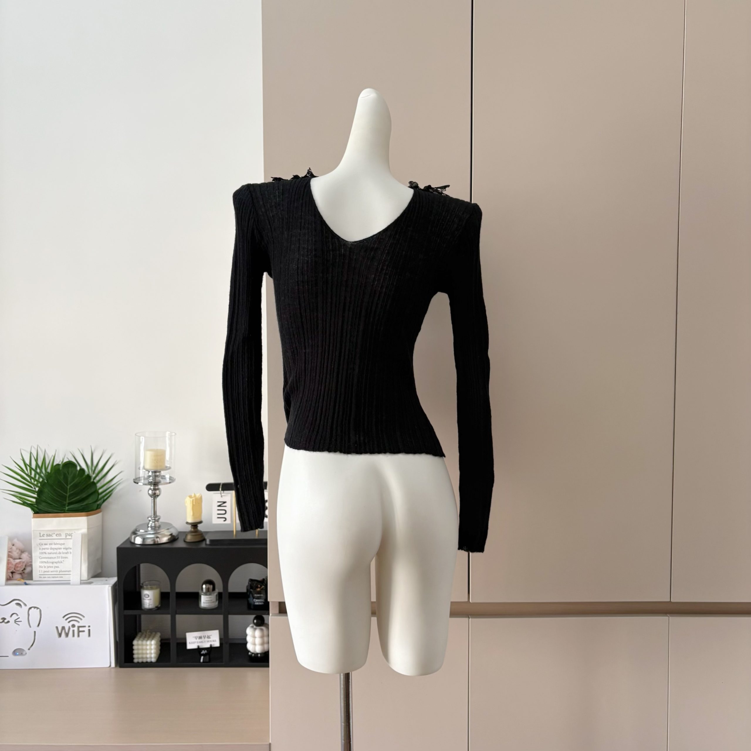 JAYKY YANG Mohair Lace V-Neck Knit Sweater for Women with Ribbed Waist - Image 5