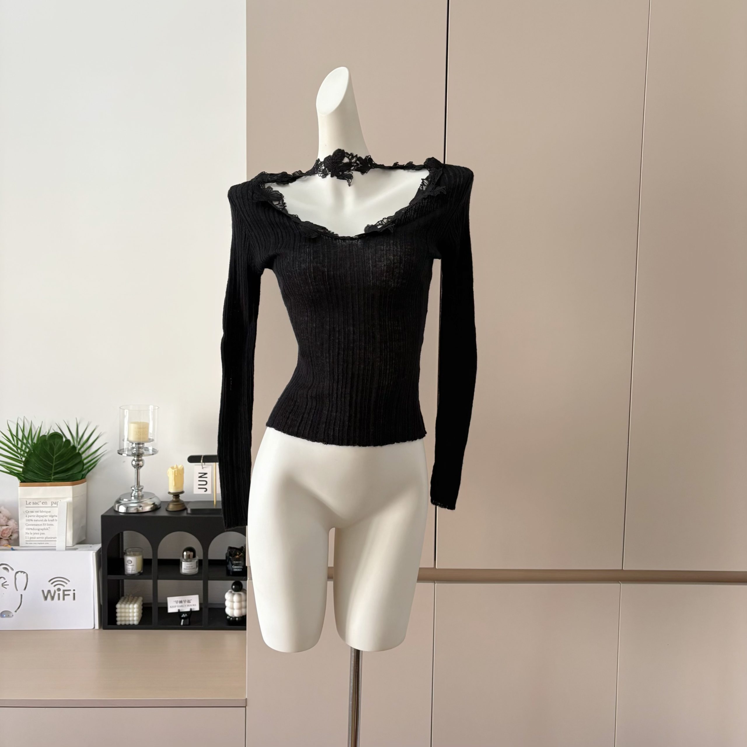 JAYKY YANG Mohair Lace V-Neck Knit Sweater for Women with Ribbed Waist - Image 3