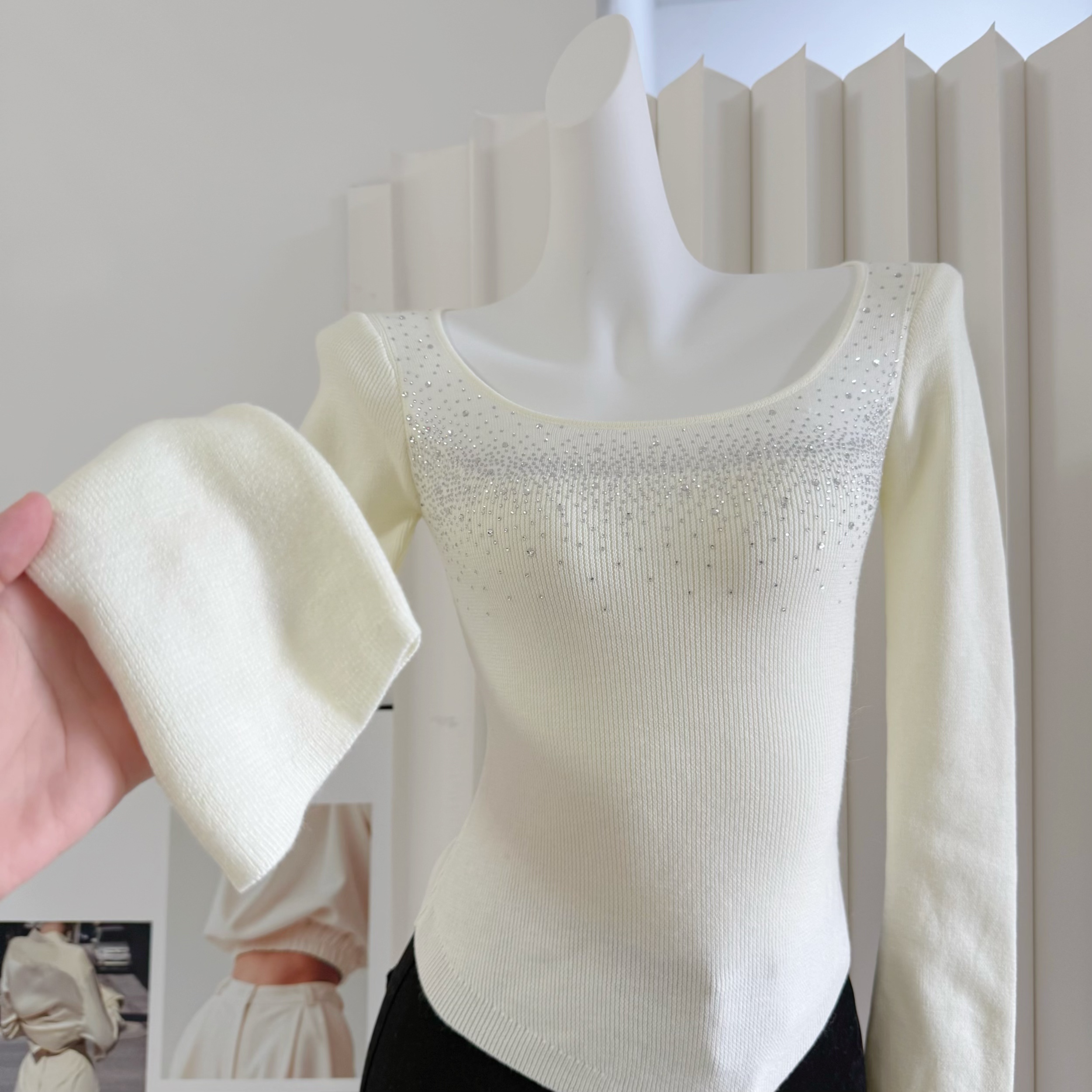 Hotdog Hot and Spicy Mina Starlight Korean Style All-Match Rhinestone Knit Sweater Women Winter Base Layer Top - Image 3