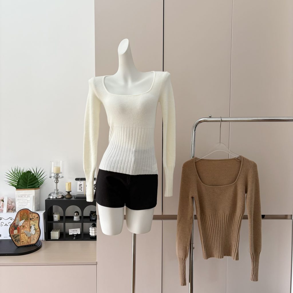 e go studio Fine Wool Alpaca Square Neck Semi Sheer Waist Cinched Slimming Long Sleeve Knit Sweater Top