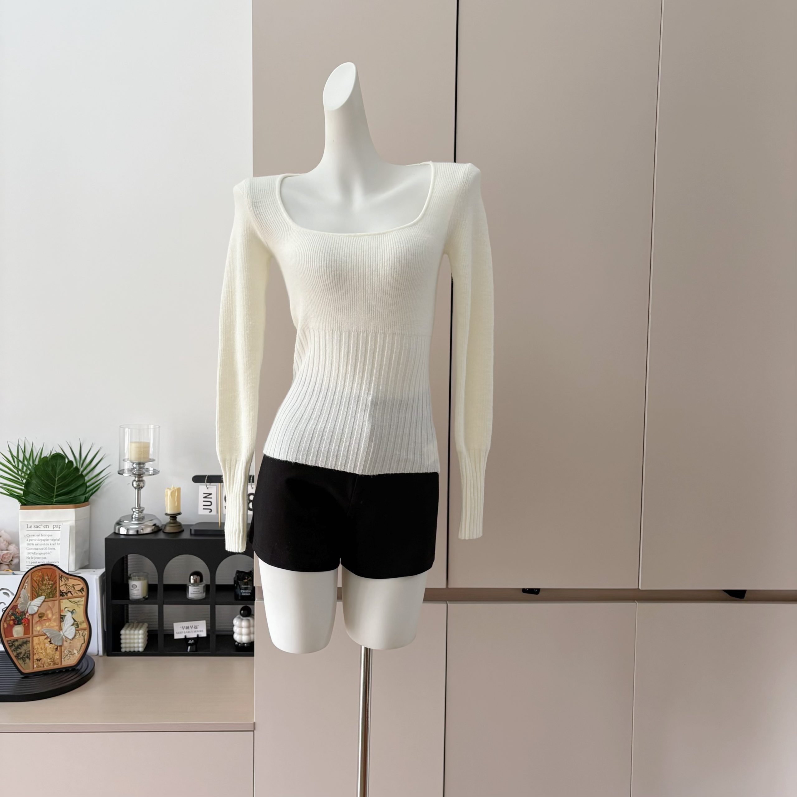 e go studio Fine Wool Alpaca Square Neck Semi Sheer Waist Cinched Slimming Long Sleeve Knit Sweater Top - Image 2