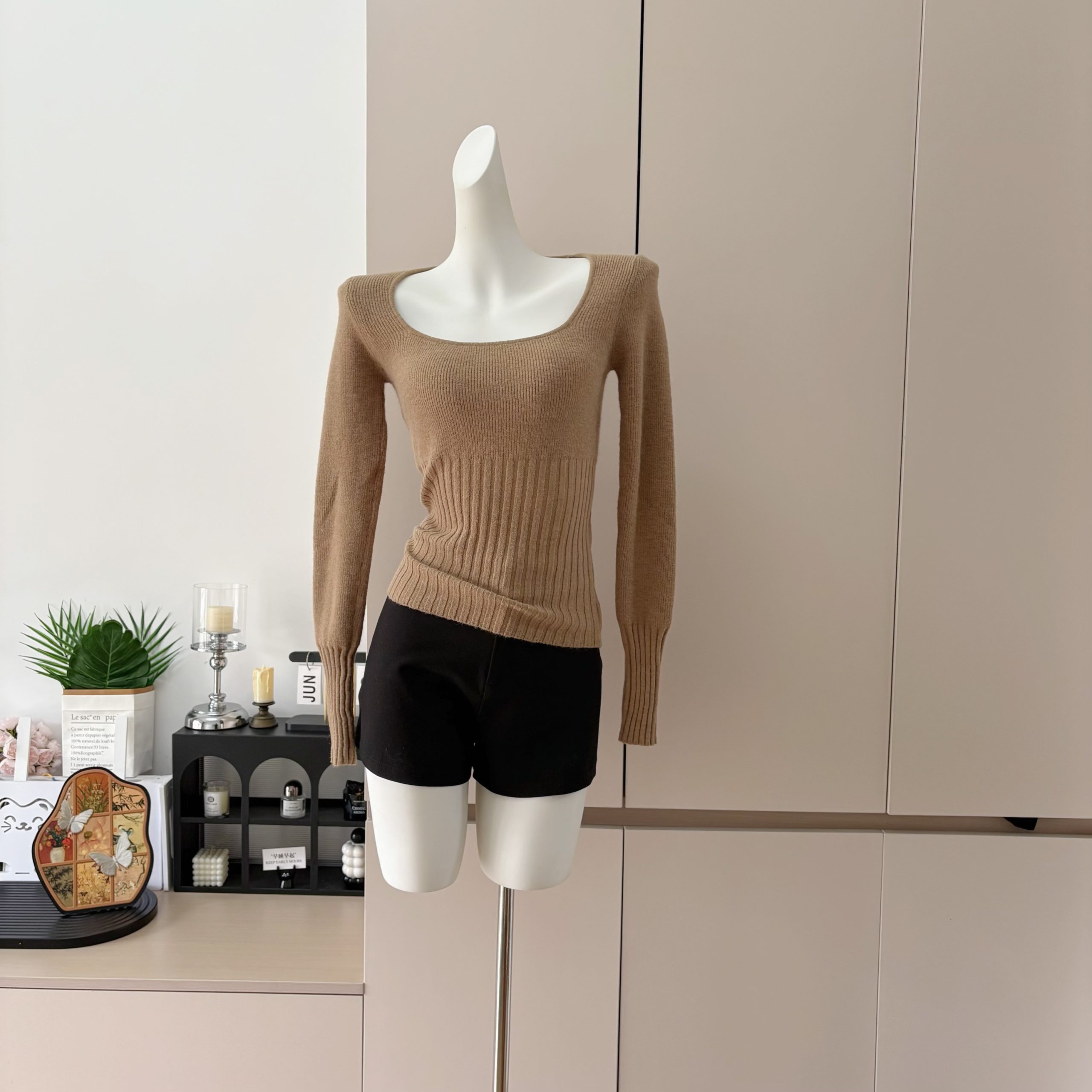 e go studio Fine Wool Alpaca Square Neck Semi Sheer Waist Cinched Slimming Long Sleeve Knit Sweater Top - Image 3
