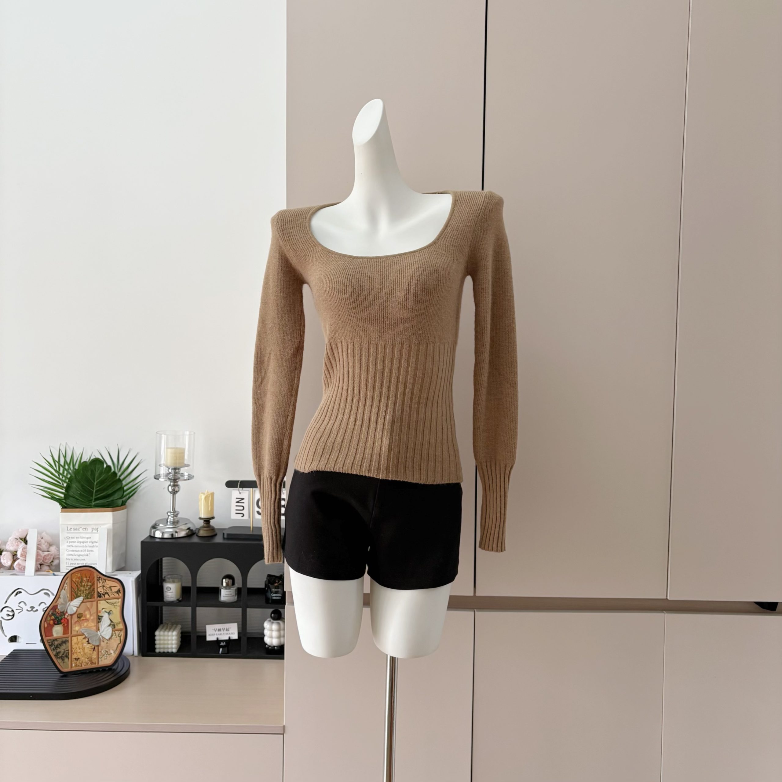 e go studio Fine Wool Alpaca Square Neck Semi Sheer Waist Cinched Slimming Long Sleeve Knit Sweater Top - Image 4
