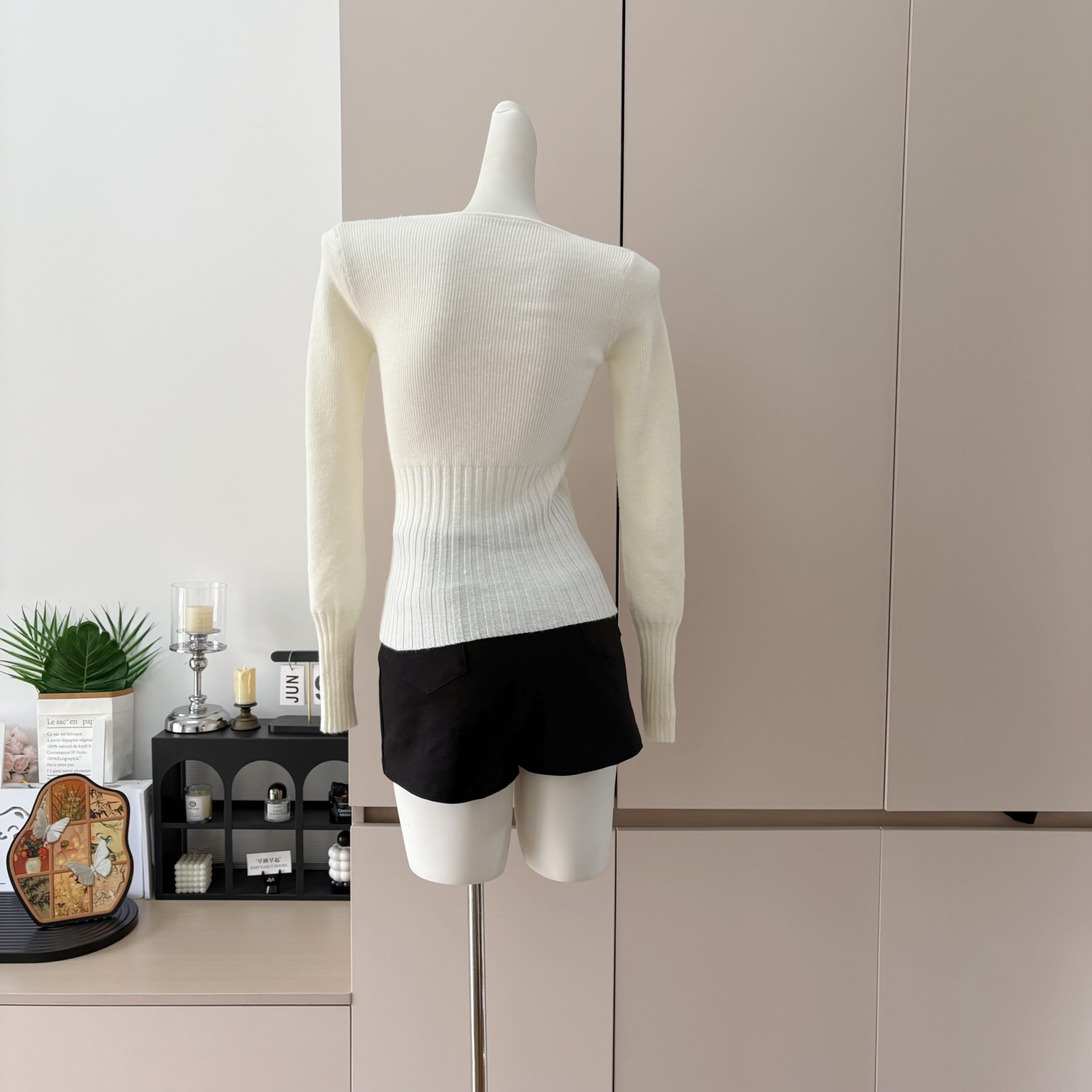 e go studio Fine Wool Alpaca Square Neck Semi Sheer Waist Cinched Slimming Long Sleeve Knit Sweater Top - Image 5