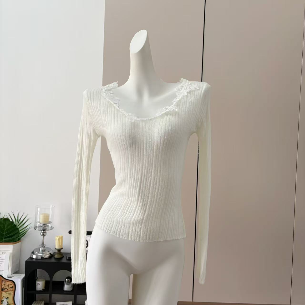 JAYKY YANG Mohair Lace V-Neck Knit Sweater for Women with Ribbed Waist - Image 2
