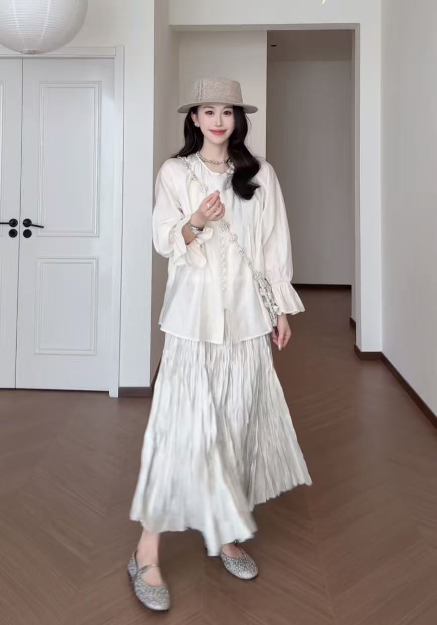 Pleated Top with Pearlescent Detail and Tweed Vest Two-Piece Set - Image 3