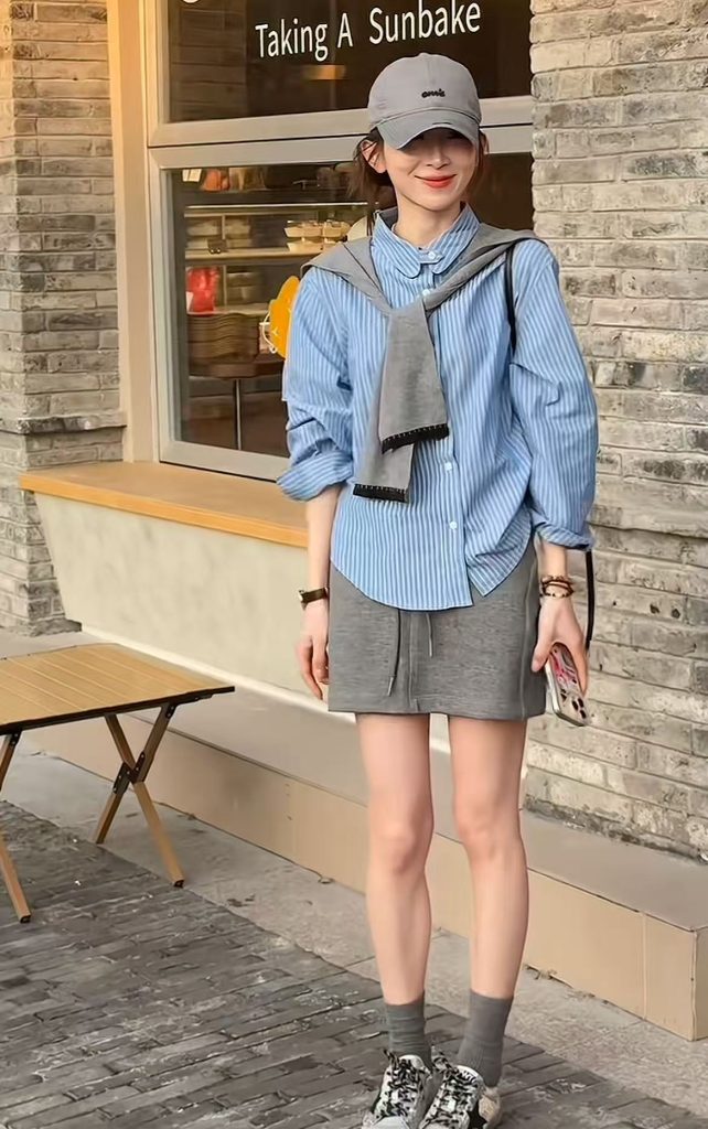 Striped Shirt with Shawl and Skirt Two-Piece Set for Women