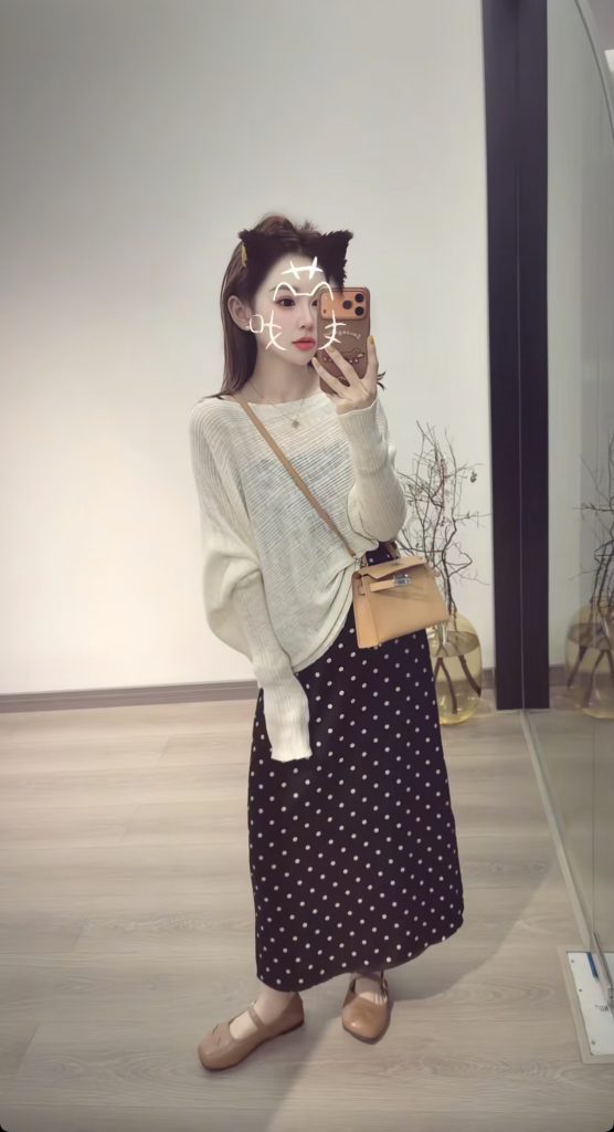 Korean Style Batwing Sleeve Off-Shoulder Knit Top and Polka Dot Skirt Two-Piece Set