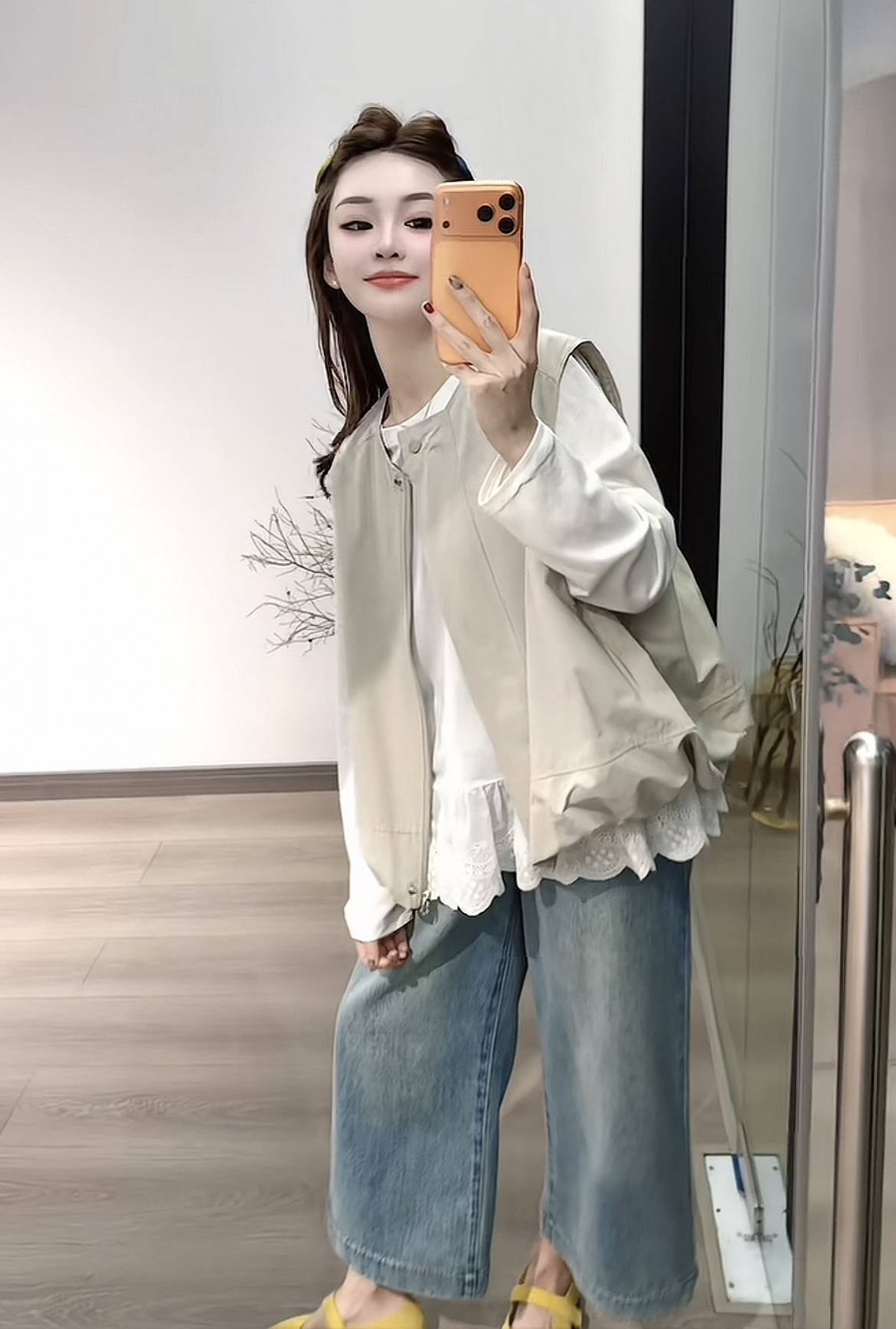 Korean Casual Vest Lace T-Shirt and Jeans Three-Piece Set for Women