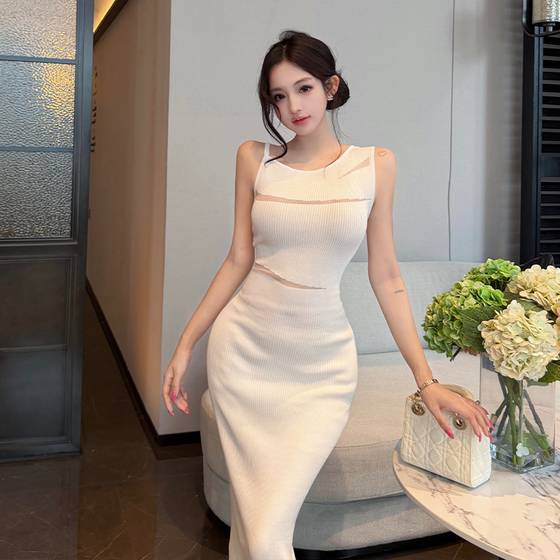 French Pure Desire Style Asymmetric Thin Strap Sexy Slim Knit Sleeveless Long Dress for Women