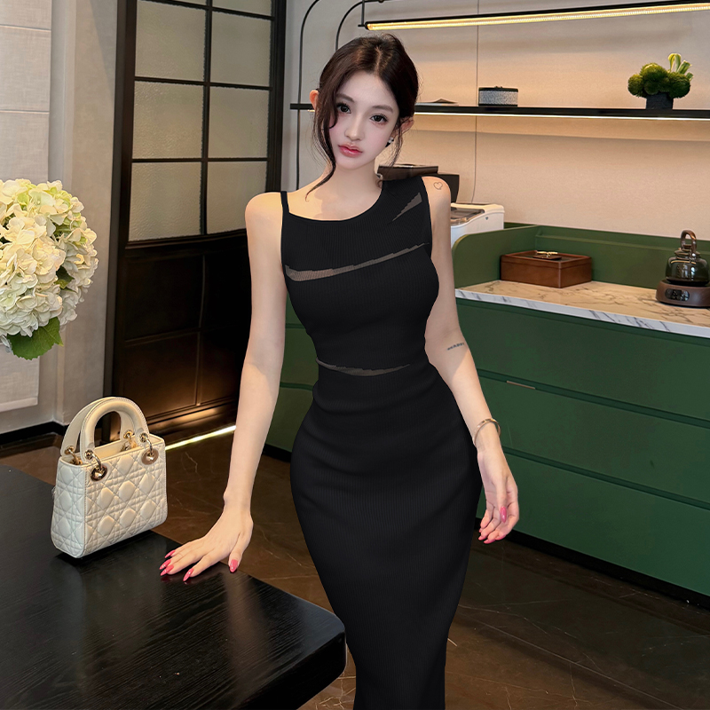 French Pure Desire Style Asymmetric Thin Strap Sexy Slim Knit Sleeveless Long Dress for Women - Image 4