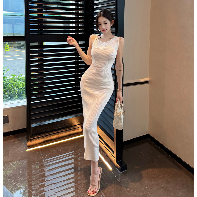 French Pure Desire Style Asymmetric Thin Strap Sexy Slim Knit Sleeveless Long Dress for Women - Image 5
