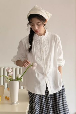 Sweet White Long Sleeve Blouse for Women 2026 Fall New Petite Ruffle Top