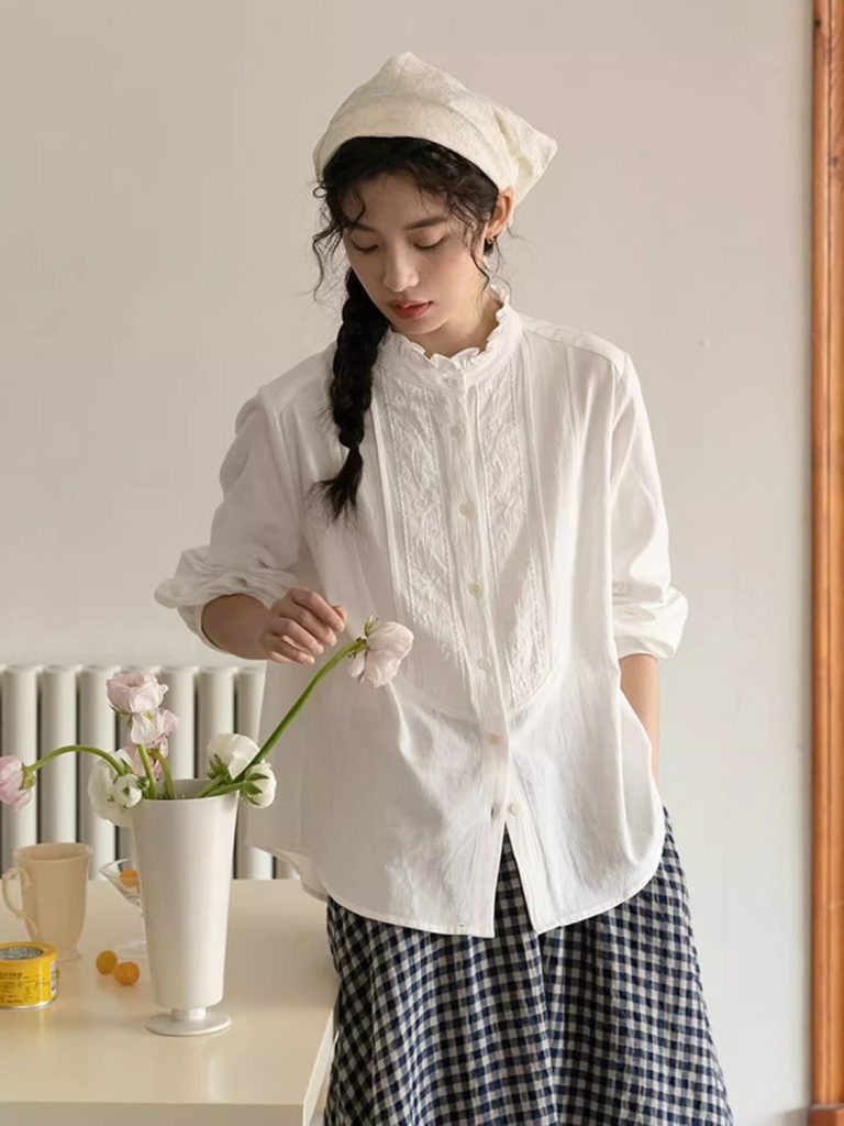 Sweet White Long Sleeve Blouse for Women 2026 Fall New Petite Ruffle Top