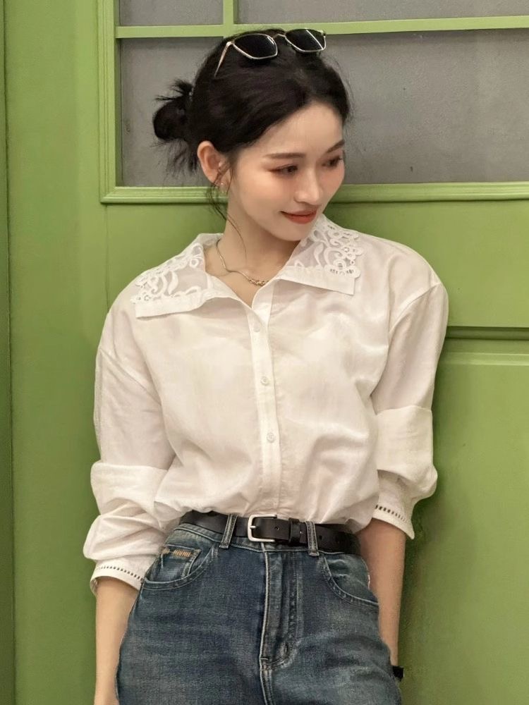 French Style White Lace Collar Shirt for Women Light Luxury Summer Top