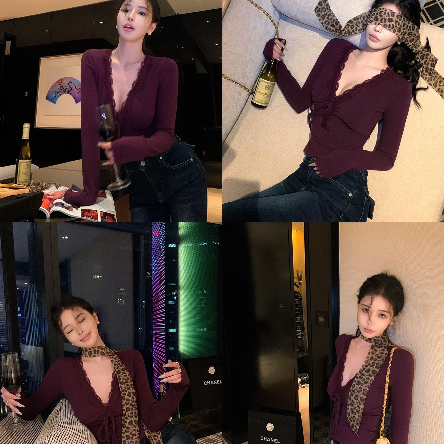 260g Rayon Lace Patchwork Purple V-Neck Long Sleeve T-Shirt Fall Slim Base Layer Top - Image 5