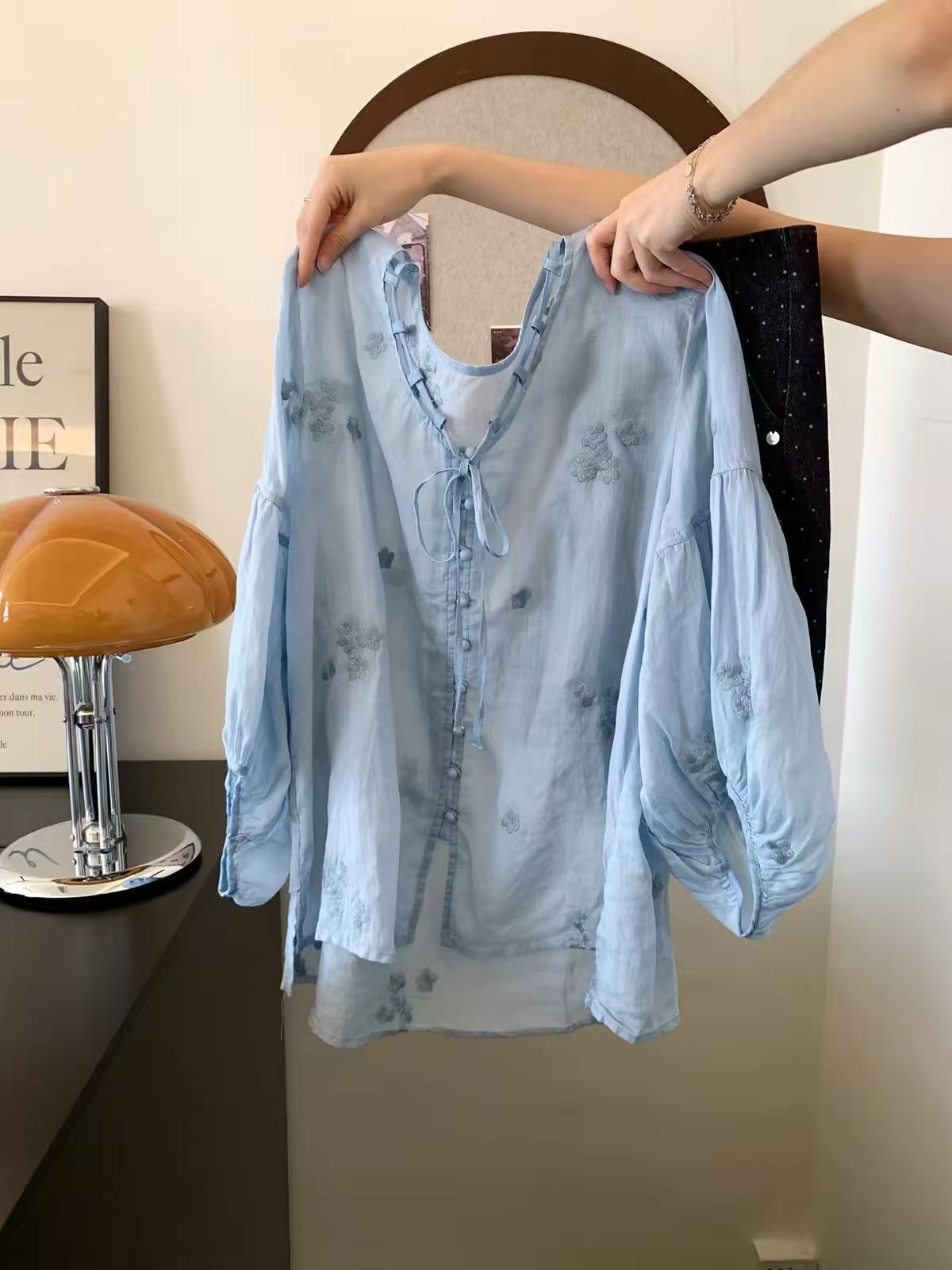 100% Cotton Loose Blue V-Neck Tie Long Sleeve Shirt Women Embroidered Top - Image 4