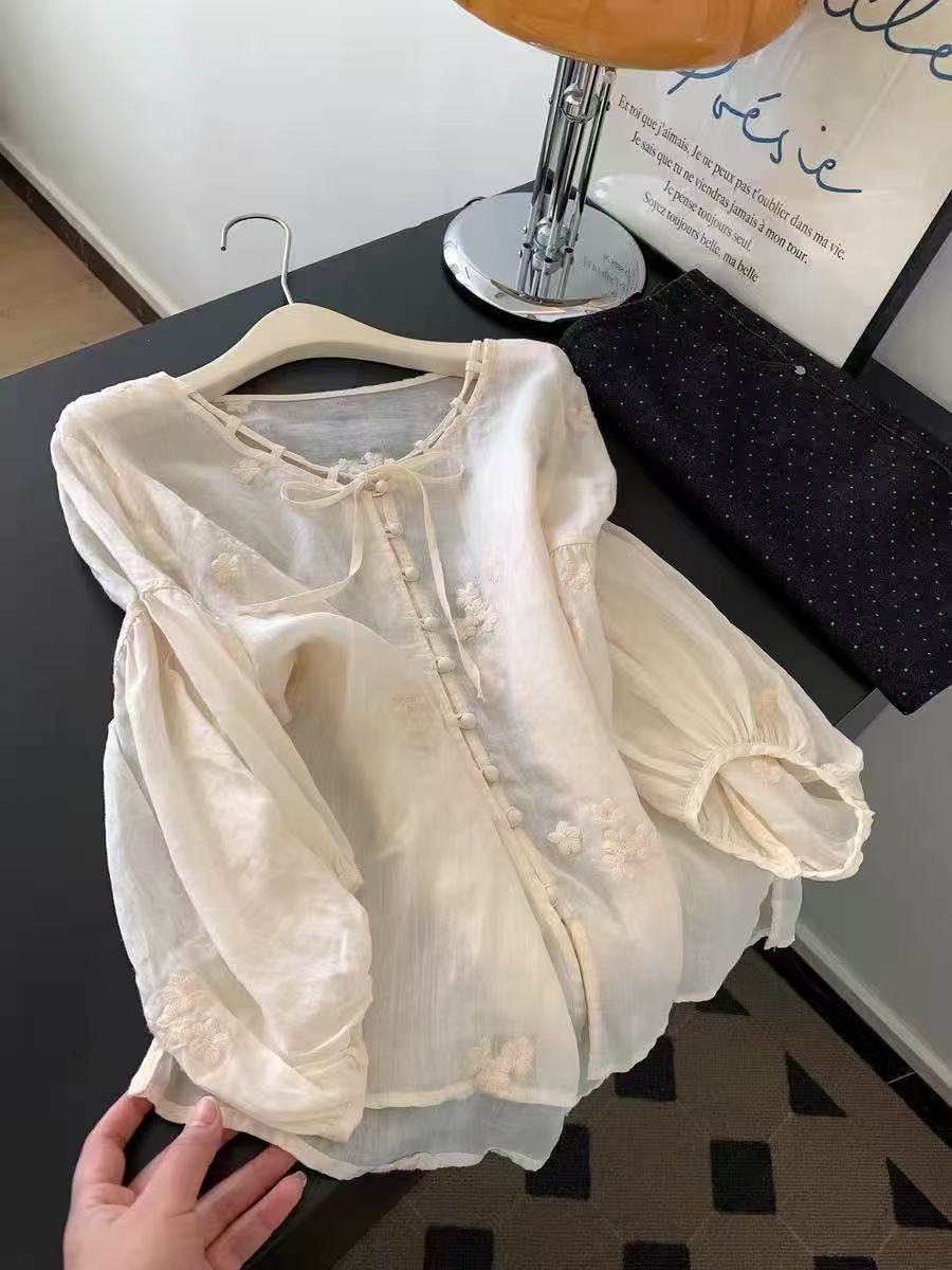 100% Cotton Loose Blue V-Neck Tie Long Sleeve Shirt Women Embroidered Top - Image 3
