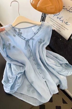100% Cotton Loose Blue V-Neck Tie Long Sleeve Shirt Women Embroidered Top