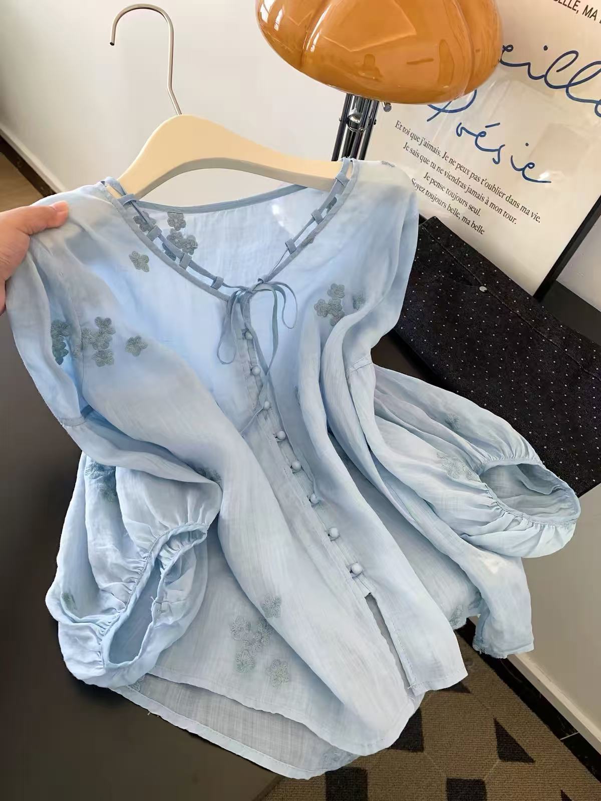 100% Cotton Loose Blue V-Neck Tie Long Sleeve Shirt Women Embroidered Top