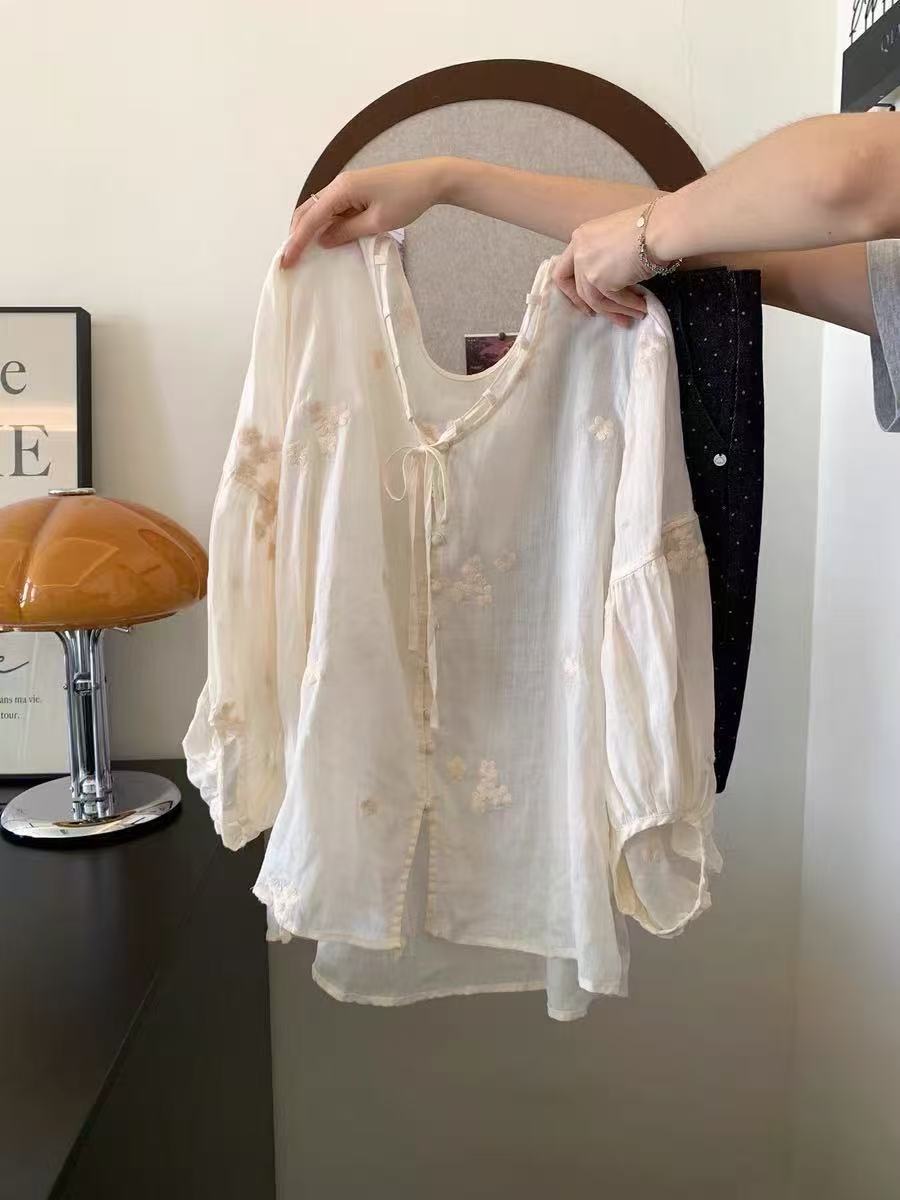 100% Cotton Loose Blue V-Neck Tie Long Sleeve Shirt Women Embroidered Top - Image 2