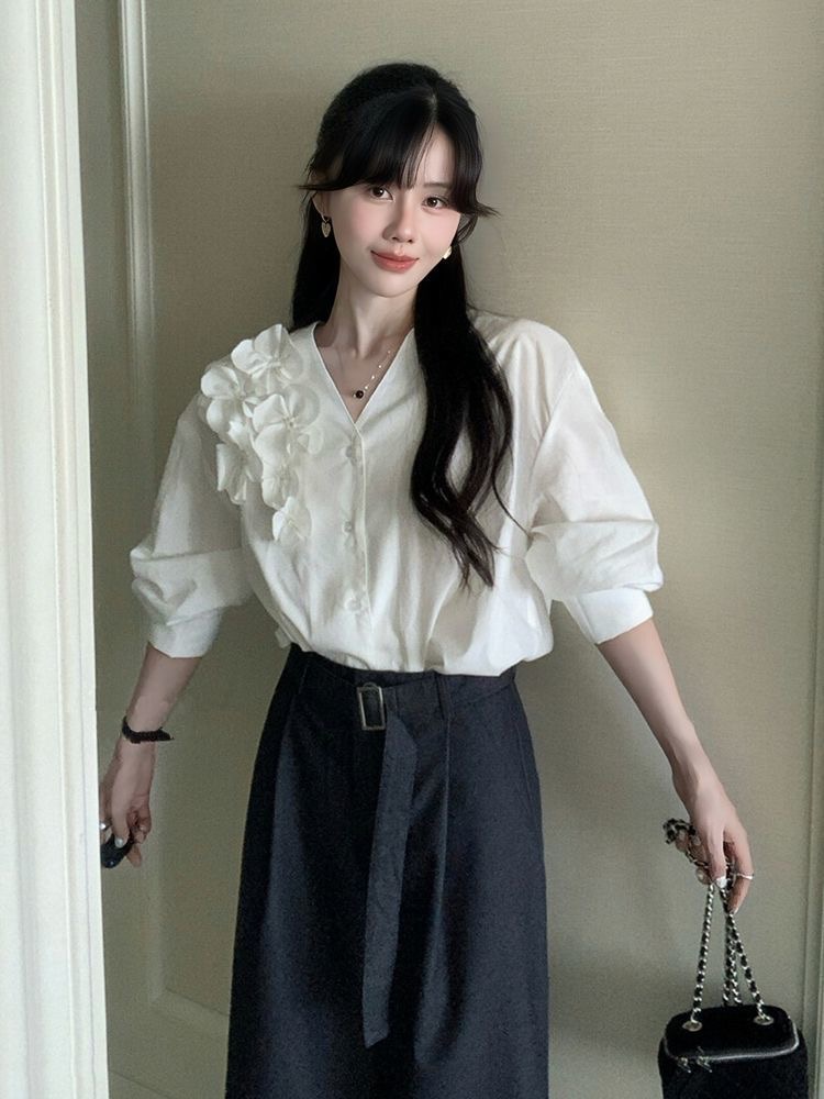French Style 3D Floral V-Neck Long Sleeve Shirt Women Spring Autumn Loose Design