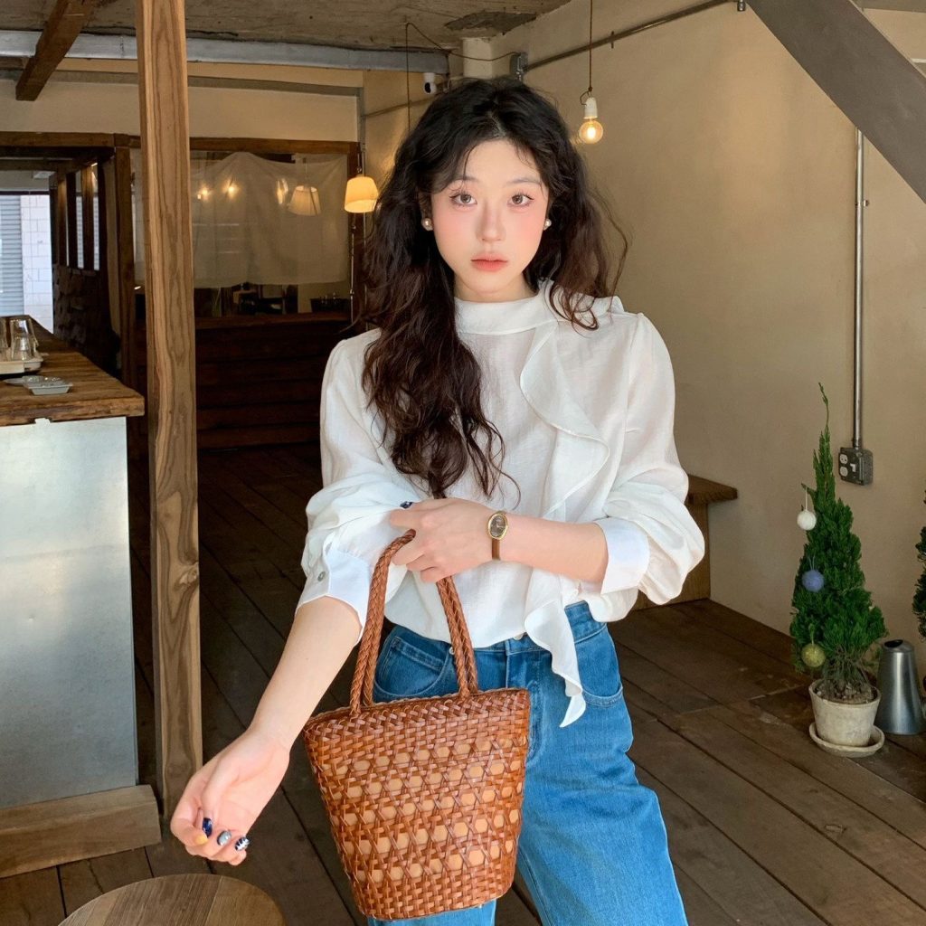 Retro Hong Kong Style Ruffled Ribbon Tencel Shirt Women's Spring Summer Loose Textured Long Sleeve Versatile Base Top