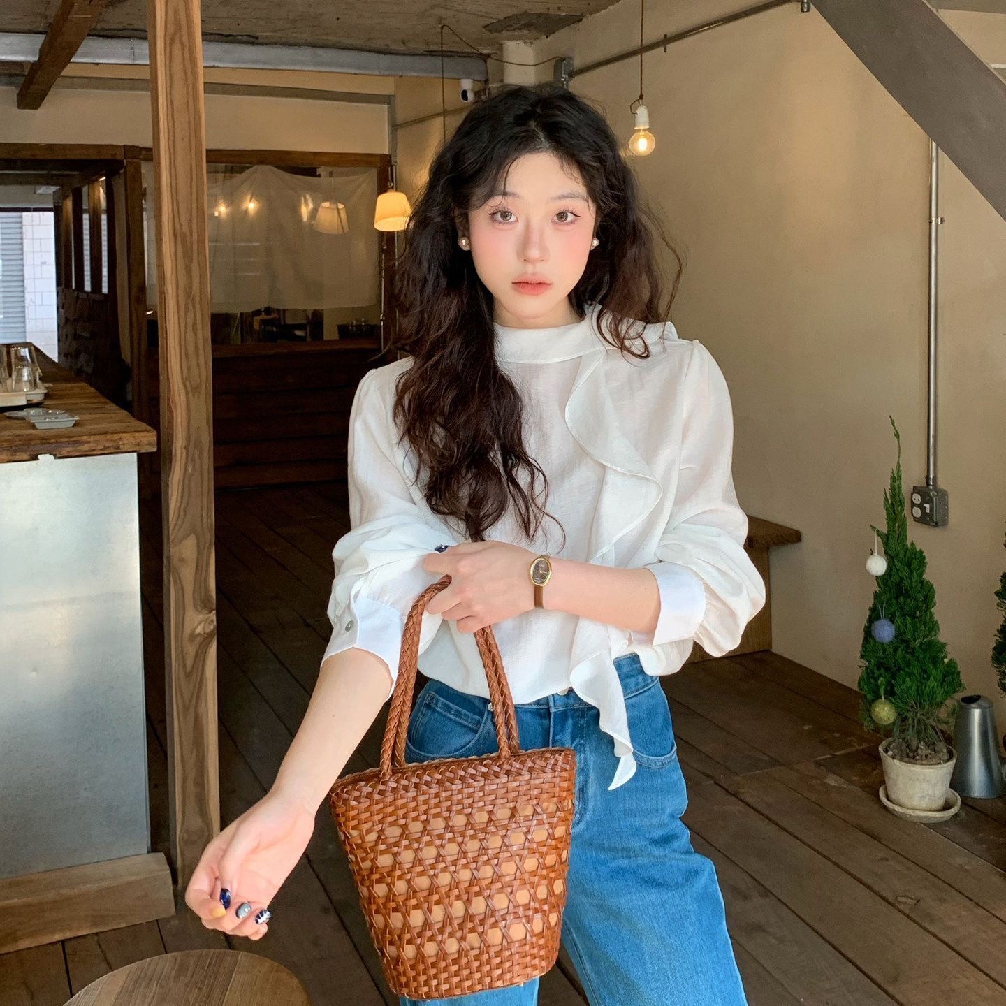 Retro Hong Kong Style Ruffled Ribbon Tencel Shirt Women's Spring Summer Loose Textured Long Sleeve Versatile Base Top
